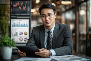 Poster - Business professional analyzes data charts in modern office setting during the day