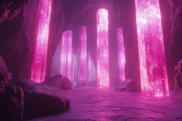 Poster - Mystical cave illuminated by pink glowing crystals creating an enchanting atmosphere at night