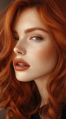 Poster - A woman with stunning red curls and captivating blue eyes exudes confidence and charm. Her natural beauty is accentuated by warm makeup, creating an artistic atmosphere