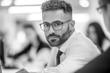 Poster - Professional man in glasses focuses intensely on work during a busy office meeting in a modern environment