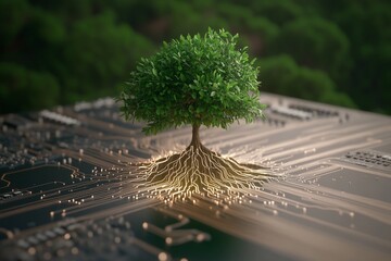 Poster - Tree growing from a circuit board, symbolizing innovation, nature, and tech