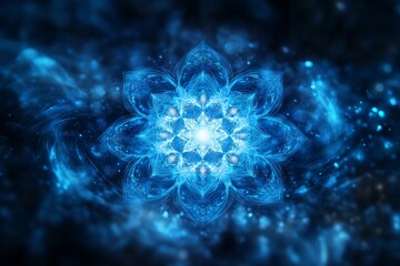 Poster - Vibrant blue mandala radiating energy and light in a cosmic setting with abstract patterns
