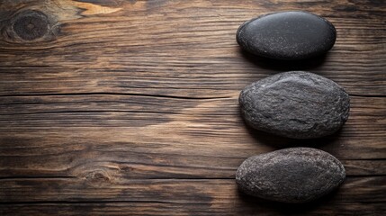 Poster - Three smooth stones arranged on a rustic wooden surface, showcasing natural textures and colors