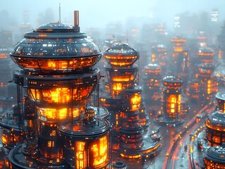 Poster - futuristic marketplace with glowing stalls showcasing competing innovative business concepts