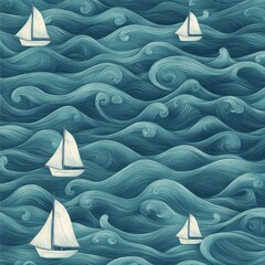 Aufkleber - Sailboats on blue waves, their sails fluttering in wind, creating an oceanic scene in shades of turquoise and white. Boats are outlined with fine lines, giving them depth against the turbulent water.