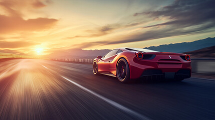 A luxury sports car speeds down an empty highway, with the sun setting in the background.
