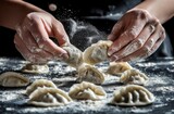 Crafting Dumplings: A culinary artisan expertly shapes and folds delicate dumplings dusted with flour, showcasing the artistry of traditional food preparation
