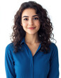 © top  success - A young woman with curly hair smiles warmly, wearing a blue shirt, set against a clean white background, ideal for professional or personal use