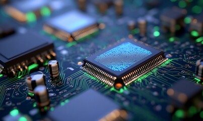 Poster - Electronic board close-up integrated circuit, data processing. Dark background