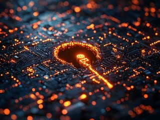 Poster - glowing keyhole in encrypted digital grid symbolizing secured access and cybersecurity concept