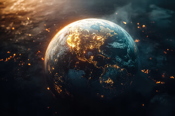Wall Mural - planet with a bright orange and yellow glow surrounding it. the planet is surrounded by a dark sky w