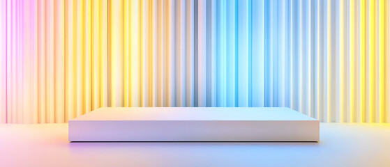Poster - Dynamic presentation stage modern studio event setup vibrant lighting wide-angle view creative environment