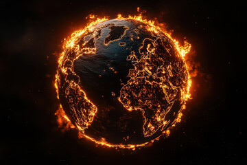 Wall Mural - planet is on fire with a bright orange glow. the planet is surrounded by a dark background