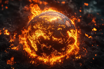Wall Mural - large, glowing, fiery ball with a black and orange surface. the ball is surrounded by a lot of fire,