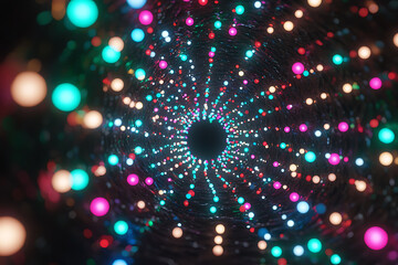 Poster - Vibrant light show in abstract tunnel indoor space photographic art colorful environment close-up view enchanting concept