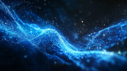 Wall Mural - Abstract blue background with glowing blue wave with particles on a dark background.