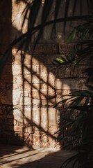 Poster - Soft sunlight filters through leaves, casting intricate patterns of shadows on a rustic brick wall. The warm glow and natural elements create a tranquil ambiance, perfect for relaxation