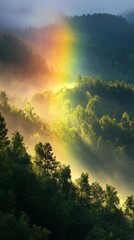 Poster - A vibrant rainbow arcs gracefully across verdant hills, bathed in the soft glow of early morning light. Mist hovers gently, creating a magical atmosphere that enchants the landscape