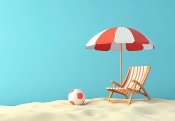 Aufkleber - 3D rendering of a beach umbrella, chair, and ball on sand against an isolated blue background with copy space. Summer vacation concept.