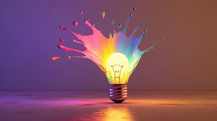 Wall Mural - artistic colorful explosion of paint from a Lightbulb with Impactful and inspiring energy, symbolizing idea and creativity