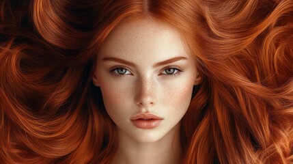 Poster - A young woman with vibrant red hair cascades around her face, creating a halo effect. Her striking green eyes and serene expression convey a sense of calm and elegance in a softly lit setting
