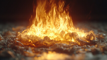 Fototapete - Flickering flames dance atop crumpled paper, creating eerie glow in darkness. warm light contrasts with shadows, evoking sense of mystery and intrigue
