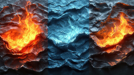 Fototapete - flickering flame dances atop crumpled paper, creating striking contrast between warm and cool colors. vibrant orange and blue flames evoke sense of dynamic energy and transformation