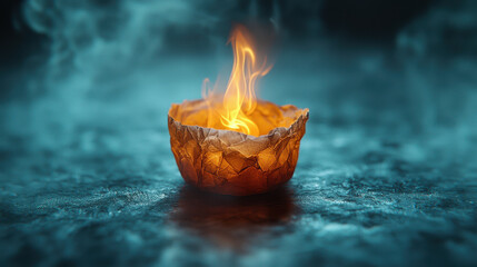 Poster - flickering flame dances in bowl made of crumpled paper, casting orange glow in serene, smoky atmosphere. scene evokes warmth and tranquility