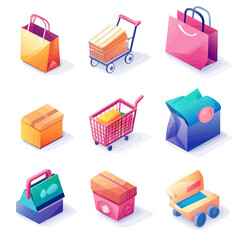 Poster - Isometric shopping elements: bags, boxes, carts, packaging for delivery.