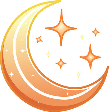 Golden Crescent Moon With Sparkling Stars on a White Background