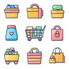 Poster - Colorful Cartoon Shopping Icons: Boxes, Carts, Bags, Containers, Outline
