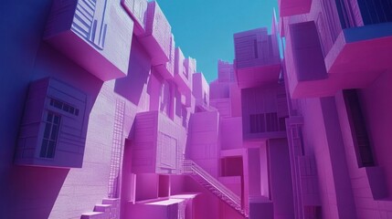 Poster - Abstract purple city with geometric buildings and stairs.