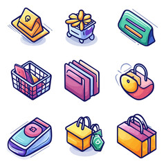 Poster - Cute isometric icon set with shopping basket and wallet