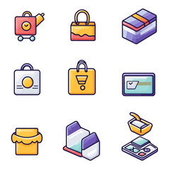Poster - E-commerce Icons: Shopping Cart, Gift Box, Credit Card, Scales, and Bags