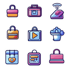Poster - Assorted icon vector set depicting modern technology, bags, and travel.
