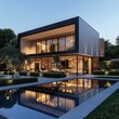 © YauheniB - Casa moderna iluminada por la noche con piscina.