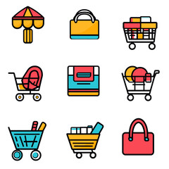Poster - Colorful shopping icons showing carts, a bag, and an umbrella concept