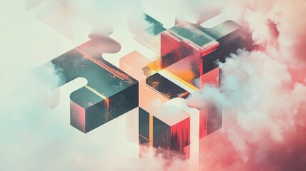 Poster - Abstract puzzle pieces floating in clouds; vibrant colors, isometric design.
