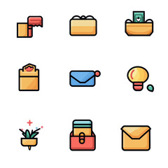 Poster - Vector Icon Set with Lightbulb, Envelopes, Gift Box and Paper Roll
