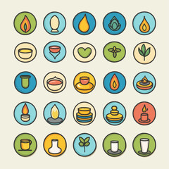 Poster - Various wellness icons in blue, green, and yellow round vector designs.