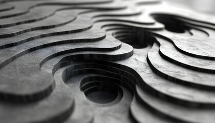 Poster - Abstract grayscale image of layered, undulating forms resembling a topographic map or eroded landscape.  Depth and texture are emphasized