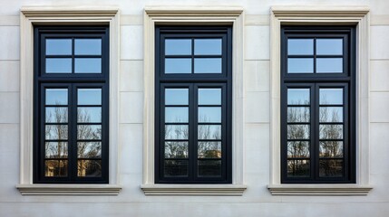 Leinwandbilder - Black-framed windows create a striking visual against a light-colored wall, reflecting a calm outdoor environment bathed in the warm glow of late afternoon sunlight