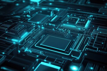 Fototapete - Advanced circuit board technology.  Detailed close-up view of intricate electronic components.  Blue glowing circuit traces and components