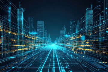 Fototapete - Futuristic city street with digital data streams
