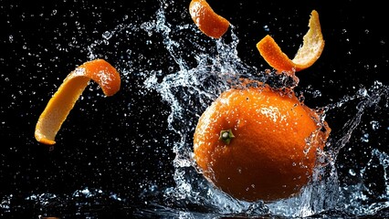 Poster - an orange splashes into water with peels flying in the air, creating a dynamic and vibrant scene. co