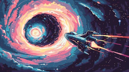 Wall Mural - Pixel art of a spaceship flying through space.