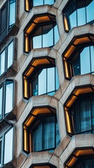Poster - A striking architectural design showcases an arrangement of hexagonal windows that glow warmly, enhancing the modern structure's aesthetic while reflecting the urban skyline