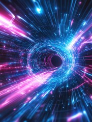 Fototapete - Vibrant Neon Tunnel Background with Futuristic Glowing Lines, Symbolizing Speed, Technology, and Innovation. Perfect for Sci-Fi Designs, Tech Presentations, and Digital Art Projects.