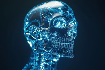 Poster - Futuristic Transparent Skull with Glowing Blue Wireframe Effect