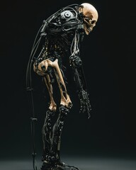 Poster - Futuristic Robot Skeleton in a Slouched Pose Against Dark Background